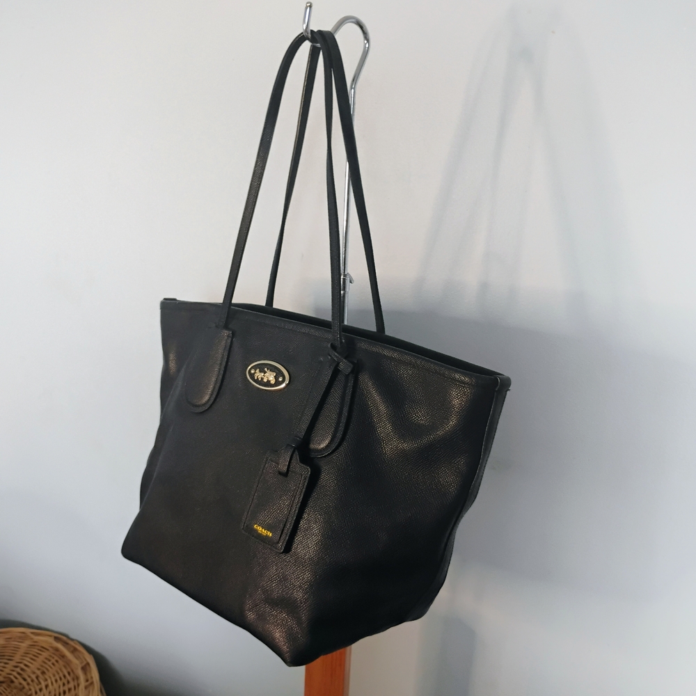 COACH Taxi Zip Top Cross grain Leather Large Tote Bag Black Gold - Picture 6 of 12